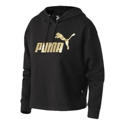 PUMA (WMNS) PUMA Essentials+ Cropped Metallic Logo Fleece Hoodie 'Black Gold'