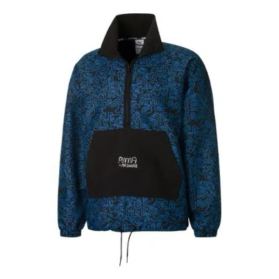 PUMA PUMA x Mr Doodle Crossover Graffiti Printing Contrasting Colors Cardigan Stand Collar Jacket Blue