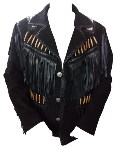 QMUK QMUK HERREN VINTAGE WESTERN WILDLEDER JACKE MANTEL FRANSEN, KNOCHEN UND PERLEN