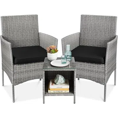 QUIKFURN 3-PIECE GREY PE WICKER OUTDOOR PATIO FURNITURE DINING SET WITH BLACK CUSHIONS