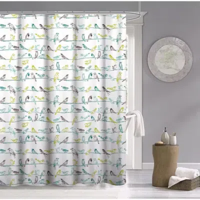 QUIKFURN 72-INCH 100-PERCENT COTTON FABRIC SHOWER CURTAIN WITH TEAL BEIGE BLACK BIRDS