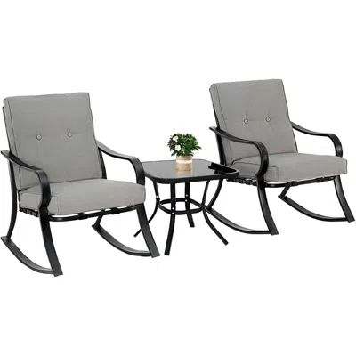 QUIKFURN OUTDOOR 3-PIECE PATIO FURNITURE TABLE ROCKING CHAIRS SET WITH GREY CUSHIONS