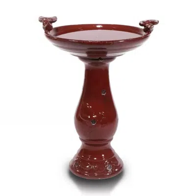 QUIKFURN OUTDOOR DARK RED CERAMIC BIRDBATH IN ANTIQUE FINISH