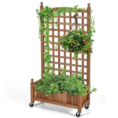 QUIKFURN OUTDOOR SOLID WOOD RAISED GARDEN BED MOBILE PLANTER BOX WITH TRELLIS ON WHEELS