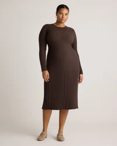 QUINCE WOMEN'S COTTON CASHMERE RIBBED LONG SLEEVE CREW MIDI DRESS