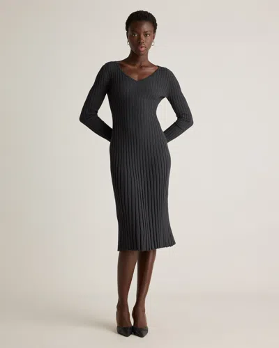 QUINCE WOMEN'S COTTON CASHMERE RIBBED LONG SLEEVE V-NECK MIDI DRESS