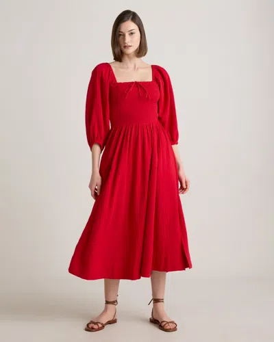 QUINCE WOMEN'S GAUZE SMOCKED SQUARE NECK MIDI DRESS