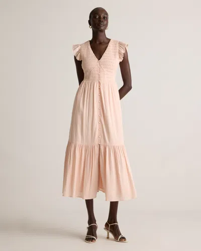 QUINCE WOMEN'S ORGANIC TEXTURED COTTON SMOCKED V-NECK MIDI DRESS