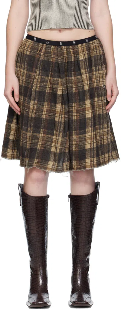 R13 BROWN KNEE-LENGTH KILT REVERSIBLE MIDI SKIRT