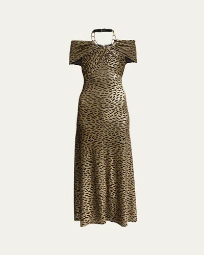 RABANNE CHAIN HALTER-NECK LEOPARD GOWN