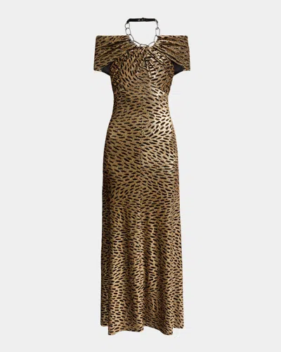 RABANNE CHAIN HALTER-NECK LEOPARD GOWN