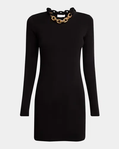 RABANNE CHAIN-NECKLACE LONG-SLEEVE MINI SWEATER DRESS