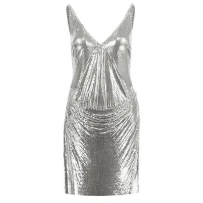 RABANNE RABANNE LADIES SILVER CHAINMAIL V-NECK MINIDRESS