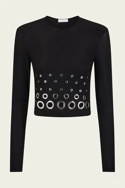 RABANNE LONG-SLEEVE EYELET CROP TOP IN BLACK