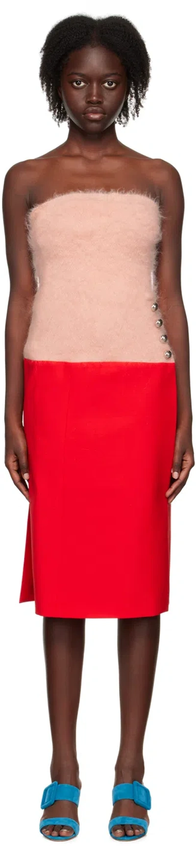 RABANNE PINK & RED PANELED MIDI DRESS
