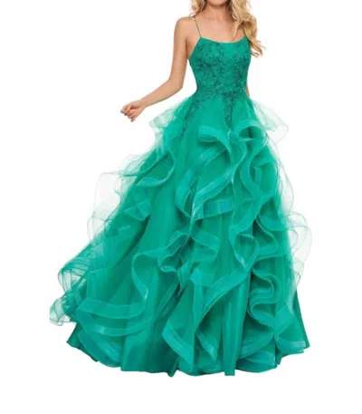 RACHEL ALLAN SCOOP NECK RUFFLED A-LINE GOWN IN JADE