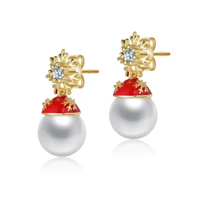 RACHEL GLAUBER WHITE PEARL & CLEAR CUBIC ZIRCONIA SNOWFLAKE AND SANTA HAT DROP EARRINGS