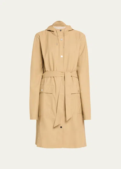 RAINS CURVE BELTED TRENCH COAT WITH DRAWSTRING HOOD