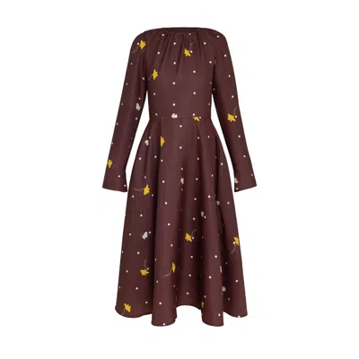 RAINSISTERS WOMEN'S FIT & FLARE LONG SLEEVE BROWN MIDI DRESS: VINTAGE FLARE