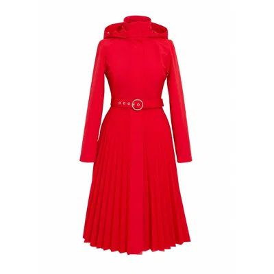 RAINSISTERS WOMEN'S RED FIT & FLARE A-LINE COAT WITH PLEATED SKIRT: SCARLET WALTZ