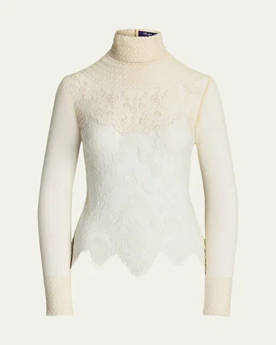 RALPH LAUREN DELILAH EMBELLISHED FLORAL LEAVERS LACE TURTLENECK TOP