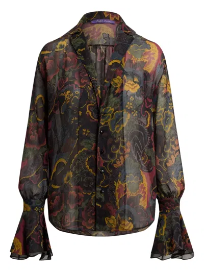 RALPH LAUREN FLORAL-PRINT BELL-SLEEVE SILK BLOUSE