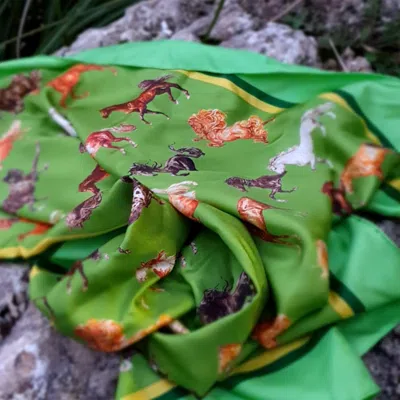 RALUFINEART WOMEN'S GREEN / BROWN SILK SCARF MAJESTIC HORSES GREEN