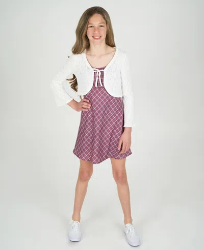 RARE EDITIONS BIG GIRLS 2-PIECE PLAID DRESS WITH POINTELLE TIE FRONT CARDIGAN SET