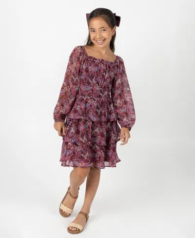 RARE EDITIONS BIG GIRLS FLORAL CHIFFON DRESS WITH HAIR ACCESSORY