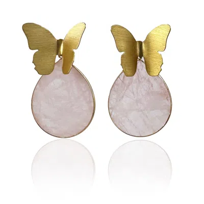 RARE MATTERS JEWELRY WOMEN'S GOLD / PINK SPRING BUTTERFLY ROSE QUARTZ STATEMENT EARRINGS