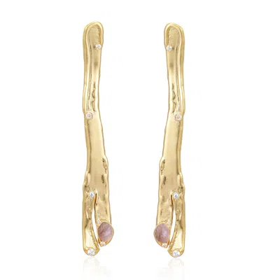 RARE MATTERS JEWELRY WOMEN'S YELLOW NATURAL ASYMMETRY STRAWBERRY QUARTZ LINEAR EARRINGS