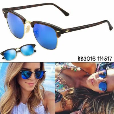 RAY BAN RAY-BAN CLUBMASTER RB3016 1145/17 51MM TORTOISE FRAME BLUE FLASH LENSES RAYBAN