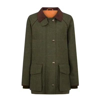 REALLY WILD CLOTHING WOMEN'S THE HIGHLANDER TWEED FIELD COAT - MOSS GREEN & ORANGE CHECK