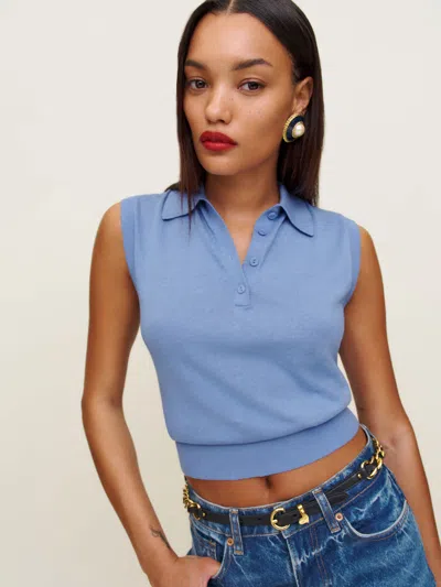 REFORMATION CARRIE LINEN COTTON POLO BLUE MOON SMALL