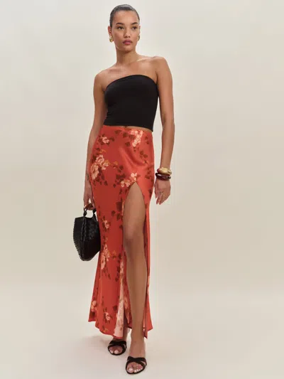REFORMATION LAYLA SATIN SKIRT WITH SLIT ORANGE MEDIUM