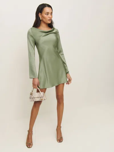 REFORMATION PIKE SATIN DRESS GREEN MEDIUM