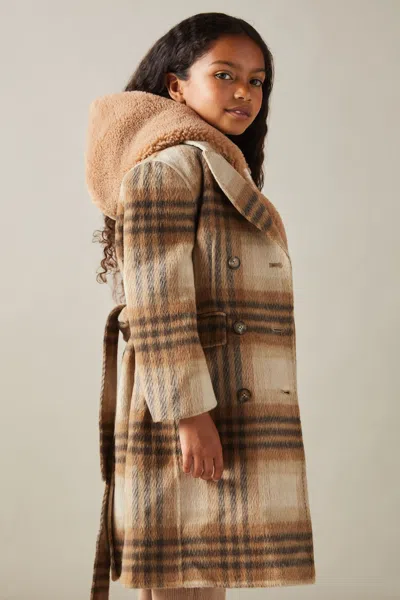 REISS REISS BROWN MAEVE 9-13 YRS CHECKED WOOL BLEND BLINDSEAM COAT