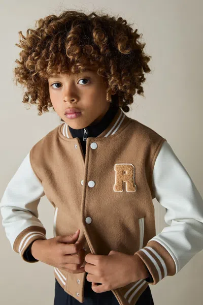 REISS CAMEL/WHITE JASPER 3-9 YRS WOOL-BLEND CONTRAST VARSITY JACKET
