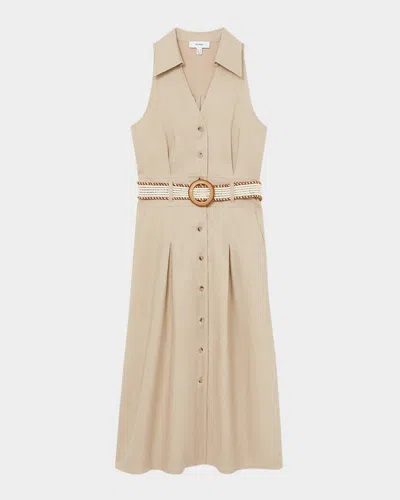 REISS ANNIE PLEATED BUTTON-DOWN LINEN MIDI DRESS