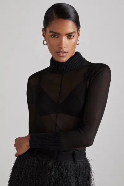 REISS REISS BLACK AMBER ATELIER SHEER-JERSEY FUNNEL-NECK TOP