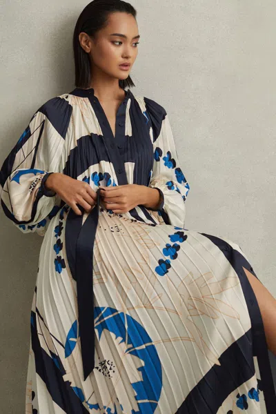 REISS REISS BLUE DAIYA PRINTED PLEATED MAXI DRESS