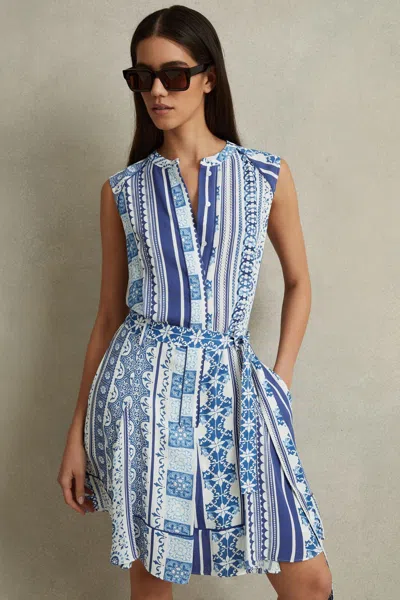 REISS BLUE FLORENCE TILE PRINT BELTED MINI DRESS