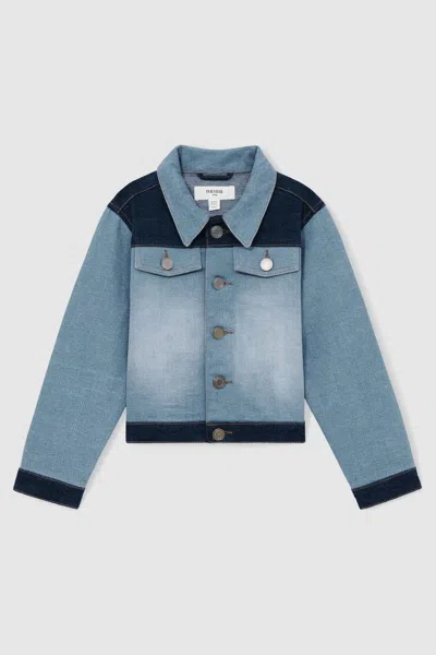 REISS REISS BLUE BRIAR 13-14 YRS PATCHWORK TWO-TONE DENIM JACKET