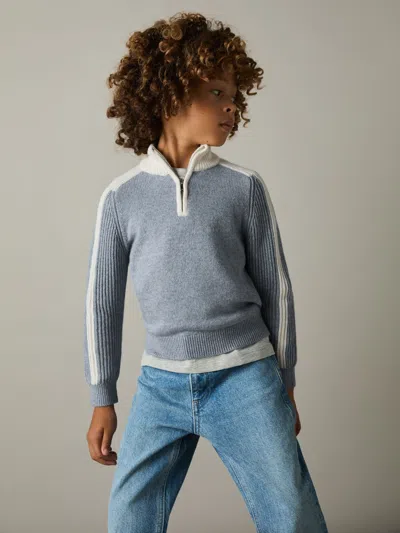 REISS REISS BLUE/WHITE CARNELLIS 3-9 YRS ZIPPED FUNNEL-NECK JUMPER WITH WOOL AND COTTON