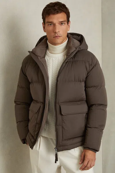 REISS BROWN/STONE CRANUM QUILTED SHELL PUFFER DOWN JACKET