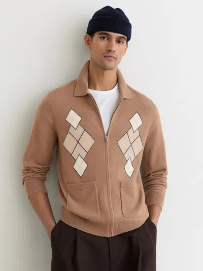 REISS REISS CAMEL BROWN SWEEP WOOL ZIP-THROUGH ARGYLE CARDIGAN