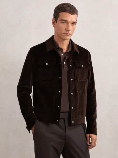 REISS REISS CHOCOLATE BROWN WEIR VELVET PRESS-STUD TRUCKER JACKET