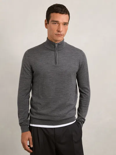 REISS DERBY GREY MELANGE MERINO WOOL HALF-ZIP JUMPER