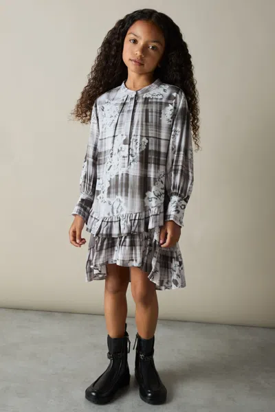 REISS GREY ALODIE FLORAL-CHECK TIERED-FRILL DRESS