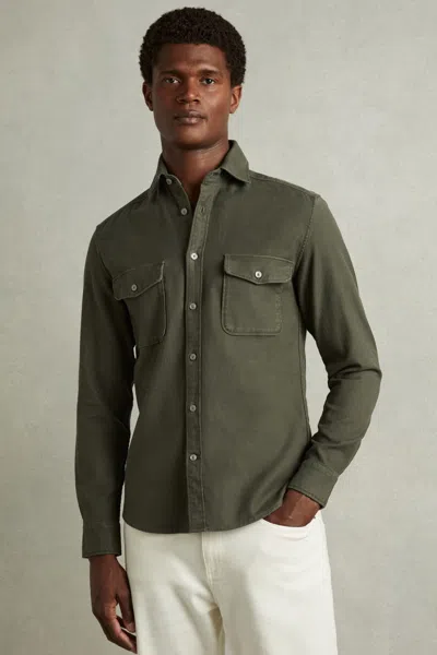 REISS REISS KHAKI GREEN CAPARZO COTTON BLEND CANVAS OVERSHIRT